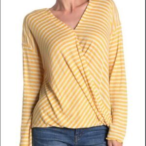 All In Favor Yellow Striped Lettuce Hem Surplice Neck Top NWT Sz S